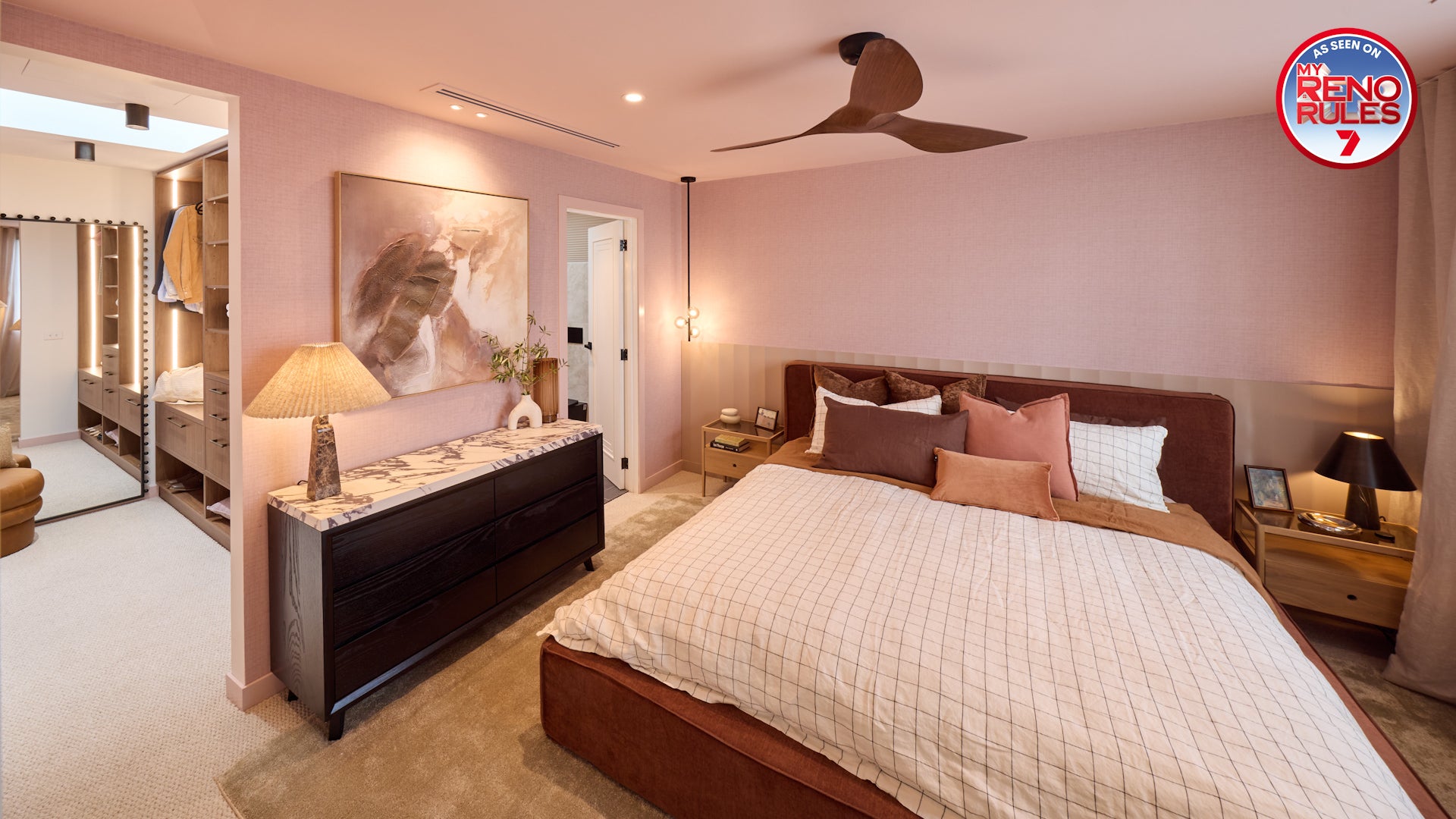 My Reno Rules (Renovation TV Show by Adrian Portelli), Living Room Featuring Plush Olive Green Rug by Four Corners Rugs - Jules & Nathan Bedroom 