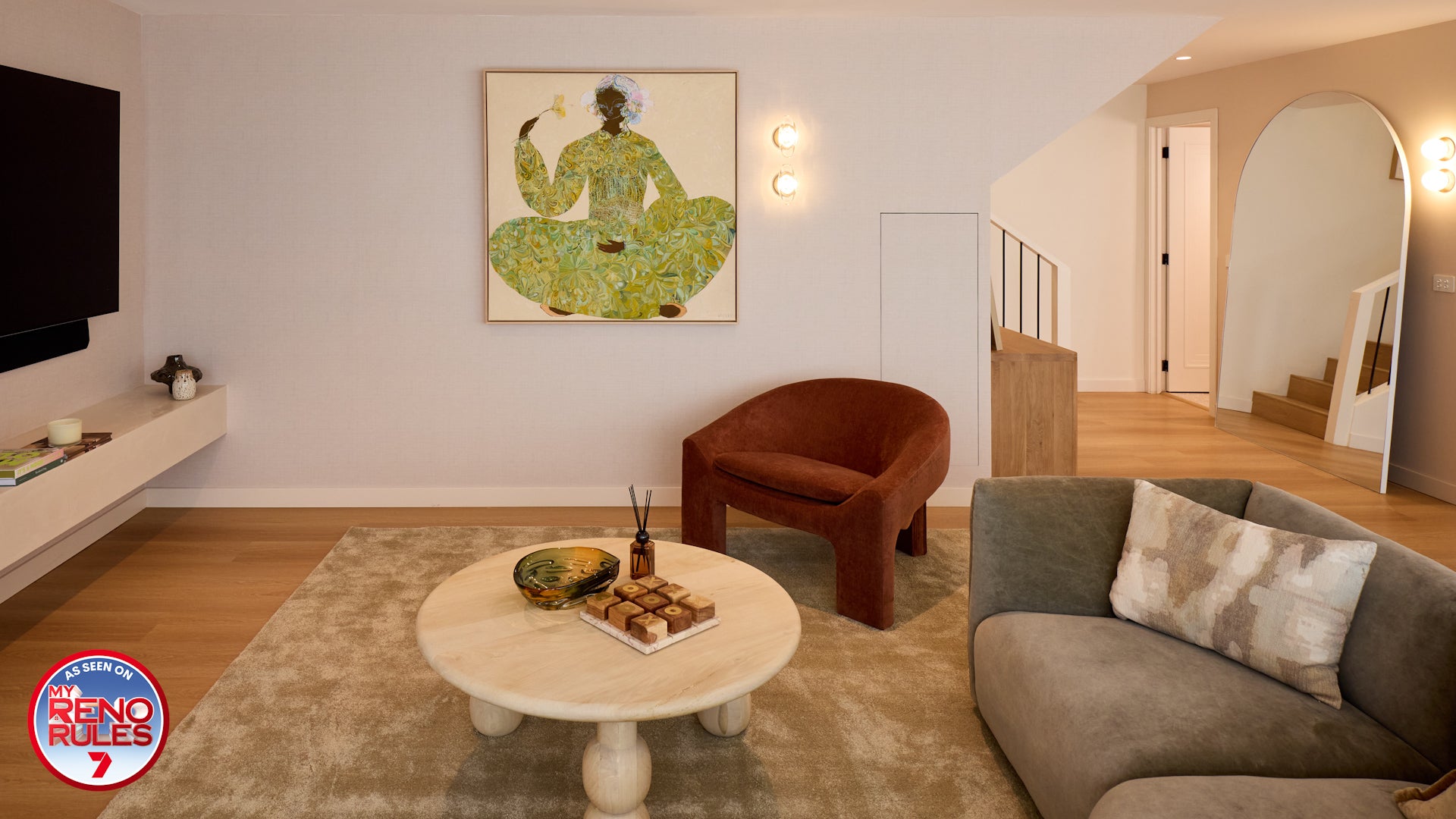 My Reno Rules (Renovation TV Show by Adrian Portelli), Living Room Featuring Plush Olive Green Rug by Four Corners Rugs 