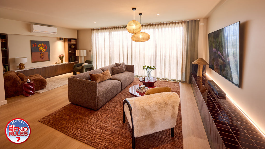 My Reno Rules (Renovation TV Show by Adrian Portelli), Living Room Featuring Oceana Rust Wool Rug by Four Corners Rugs - Mitch and Shaz living room 