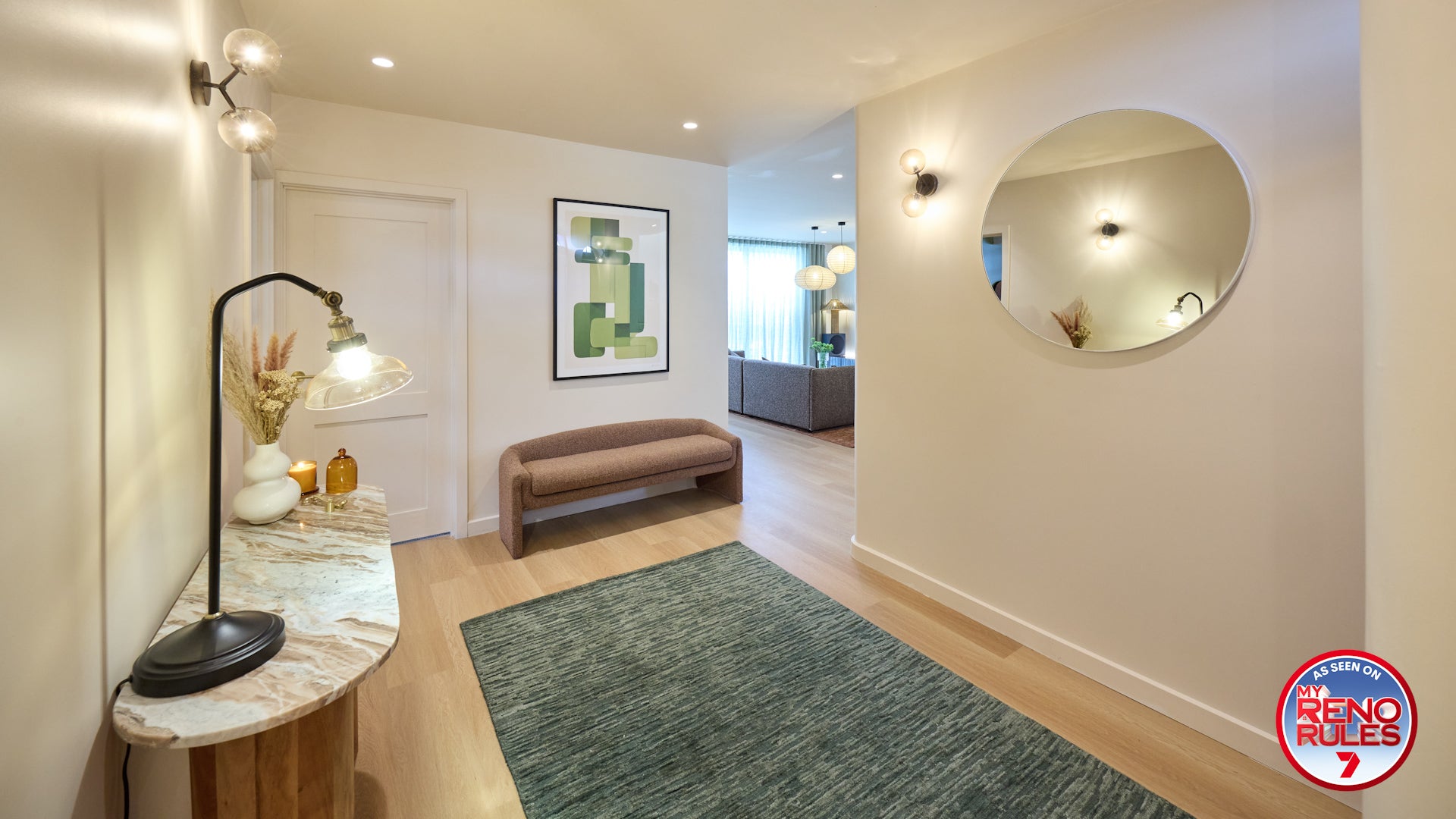 My Reno Rules (Renovation TV Show by Adrian Portelli), Living Room Featuring Oceana Forest Green Rug by Four Corners Rugs featured in Franky and Isaac's entrance