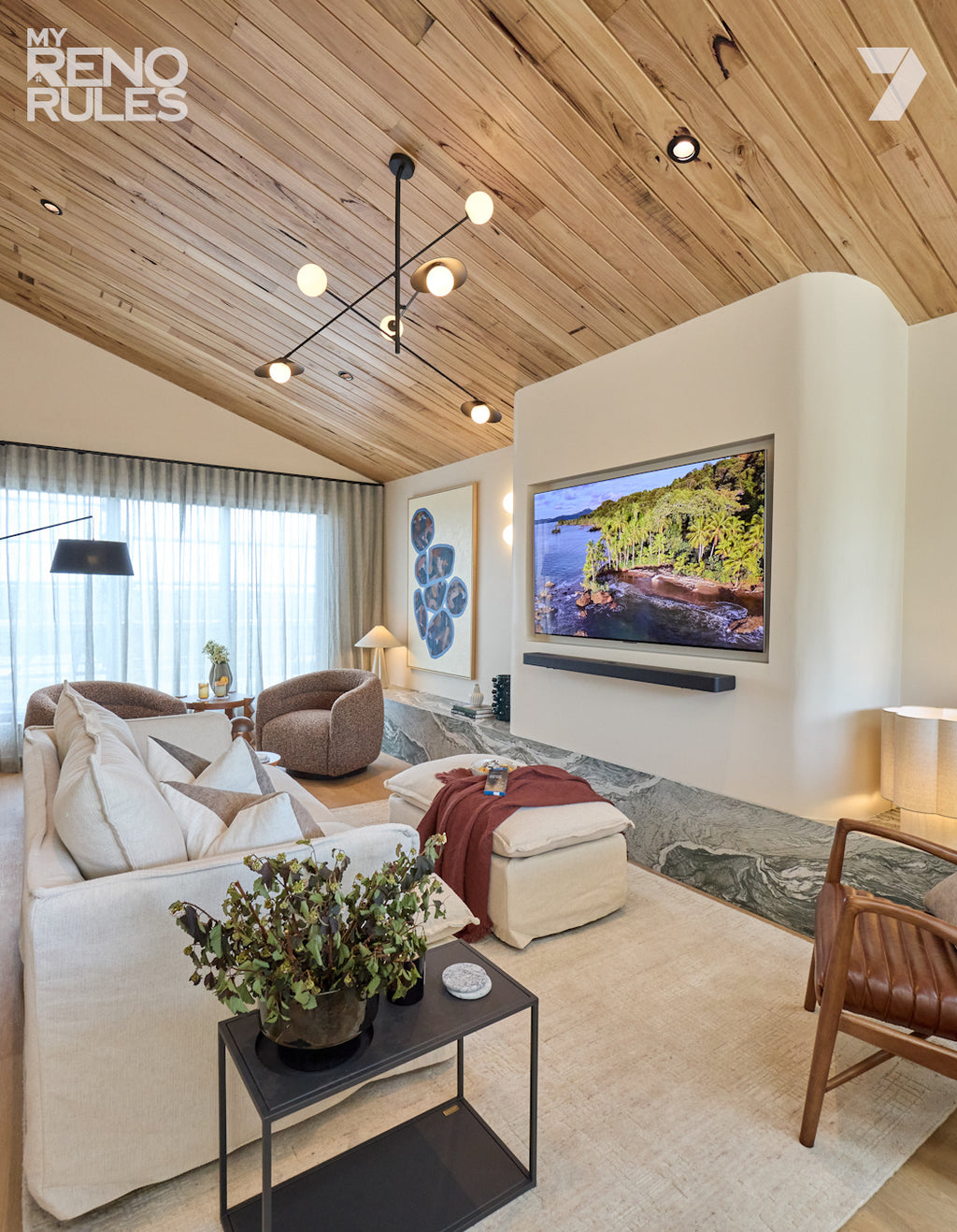 My Reno Rules (Renovation TV Show by Adrian Portelli), Living Room Featuring Nirvana Cream Texture Rug by Four Corners Rugs 