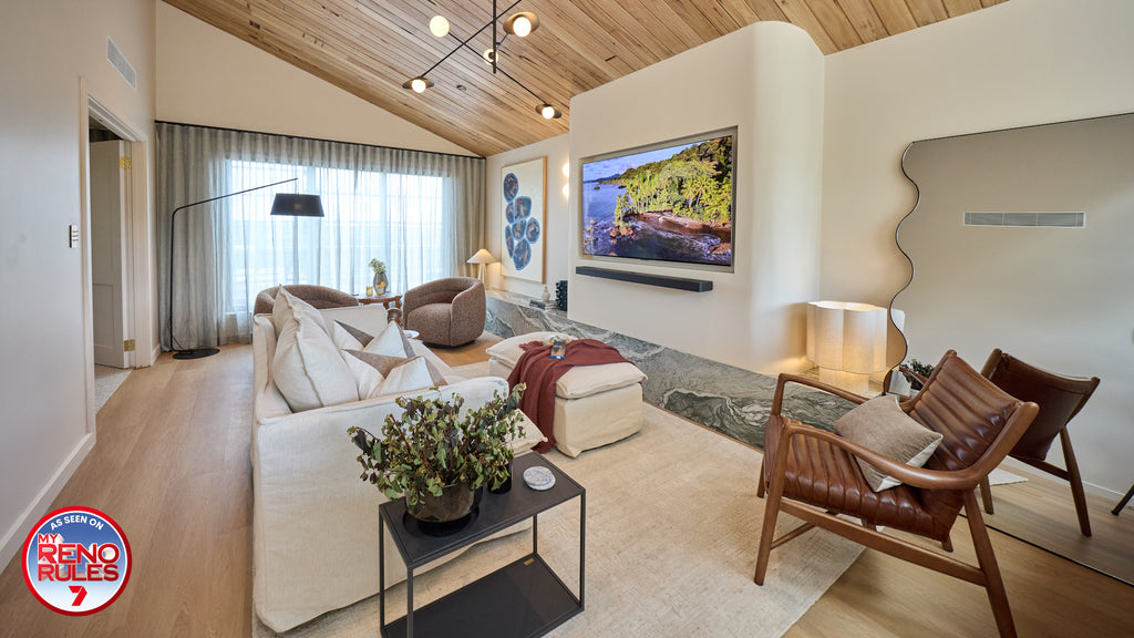 My Reno Rules (Renovation TV Show by Adrian Portelli), Living Room Featuring Nirvana Cream Texture Rug by Four Corners Rugs in landscape