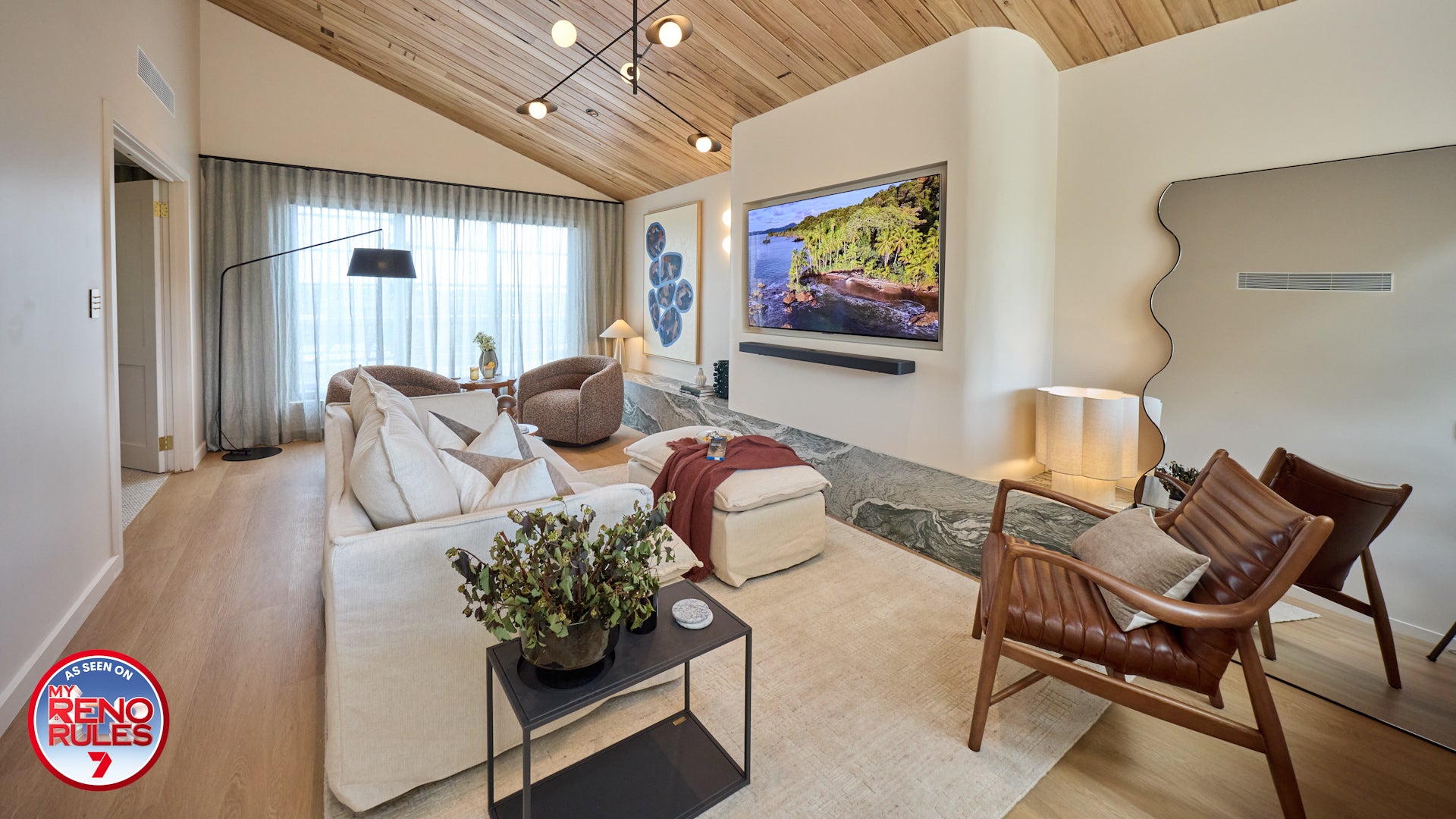 My Reno Rules (Renovation TV Show by Adrian Portelli), Living Room Featuring Nirvana Cream Texture Rug by Four Corners Rugs in landscape