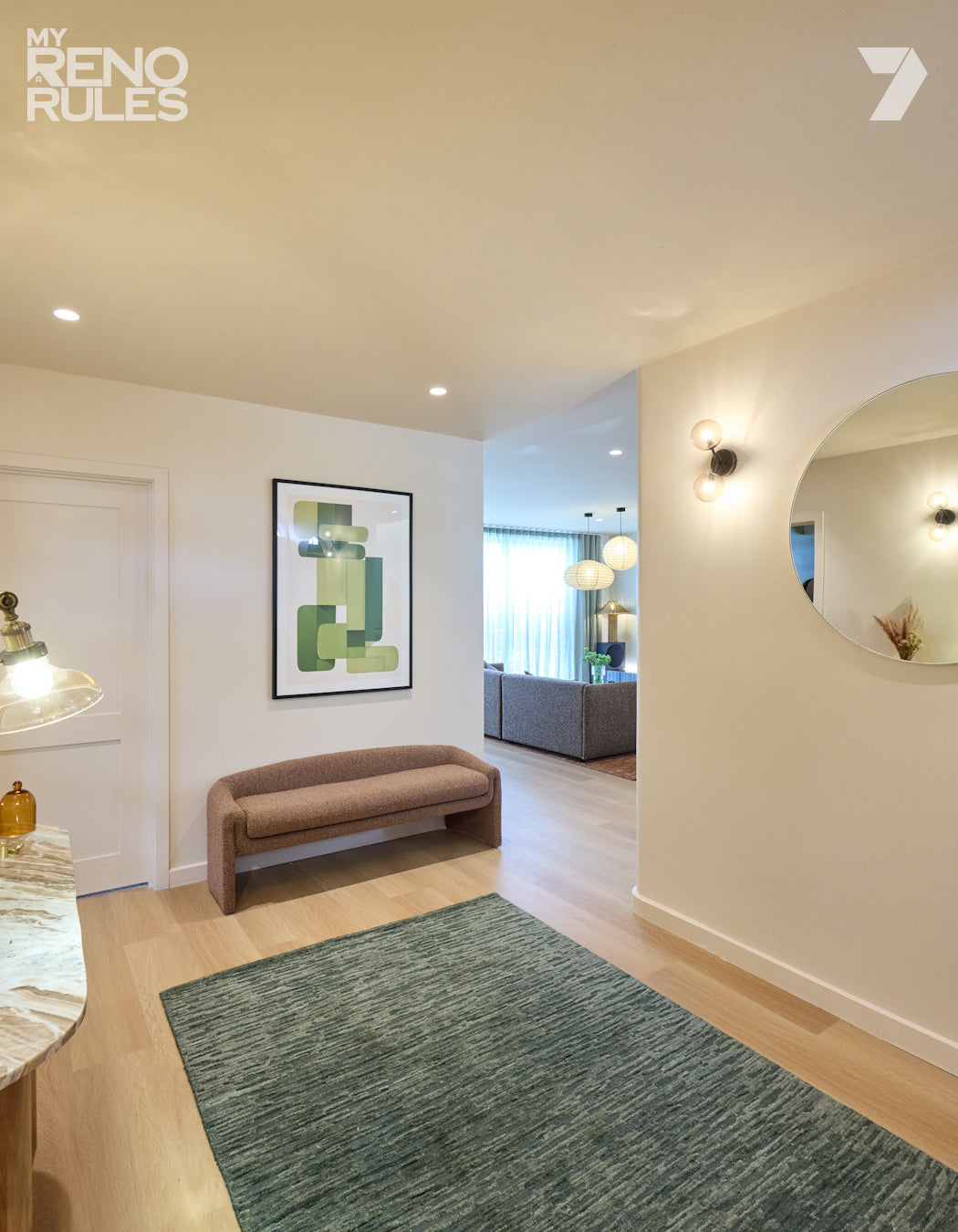 My Reno Rules (Renovation TV Show by Adrian Portelli), Living Room Featuring Oceana Forest Green Rug by Four Corners Rugs featured in Franky and Isaac's entrance