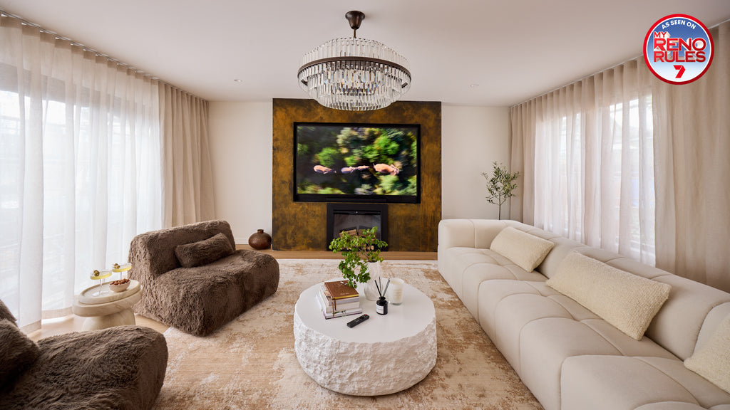 My Reno Rules (Renovation TV Show by Adrian Portelli), Living Room Featuring Nude Contrast Rug by Four Corners Rugs in "the wall" living room landscape