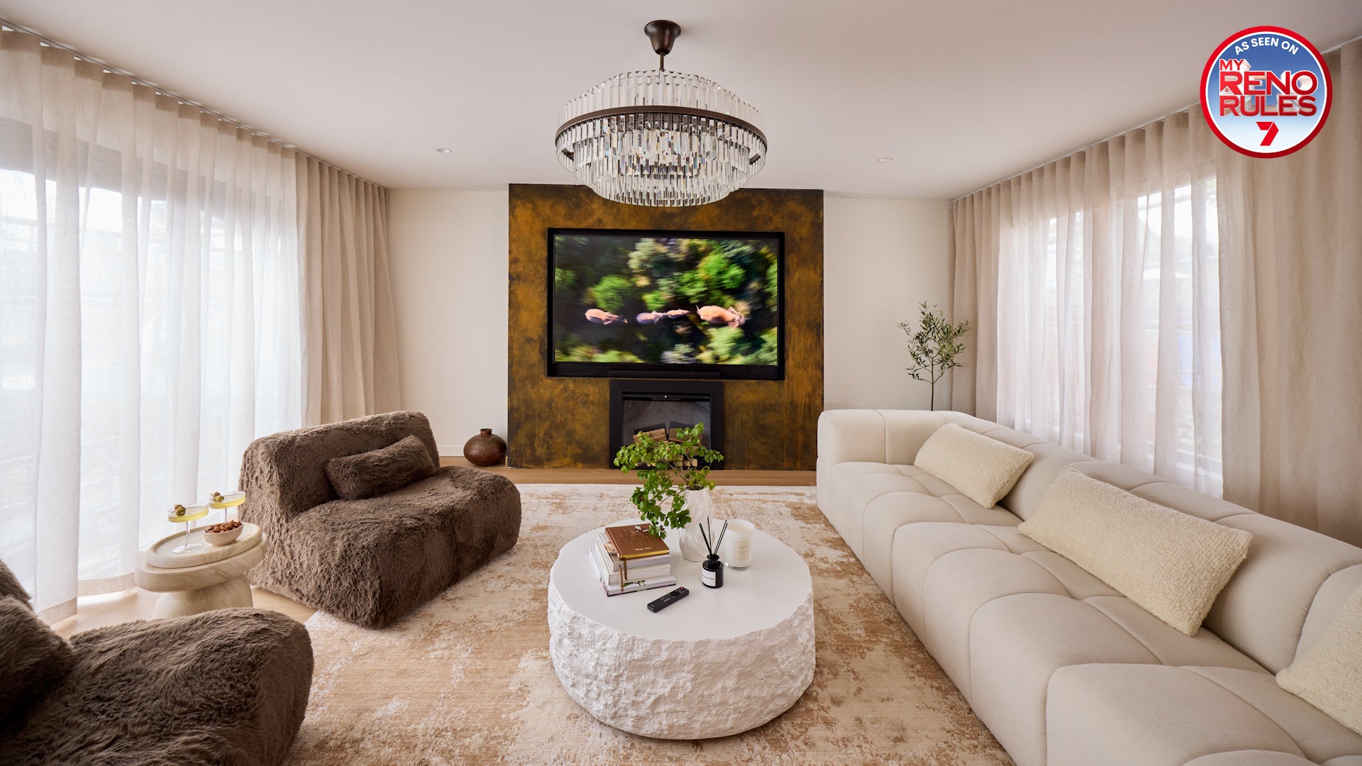 My Reno Rules (Renovation TV Show by Adrian Portelli), Living Room Featuring Nude Contrast Rug by Four Corners Rugs in "the wall" living room landscape