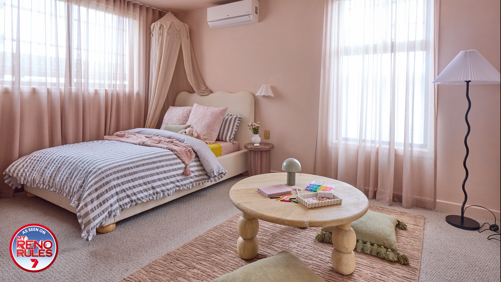 Oceana Dusty Rose by Four Corners Rugs x My Reno Rules, Shaz & Mitch kids bedroom. TV show by Adrian Portelli