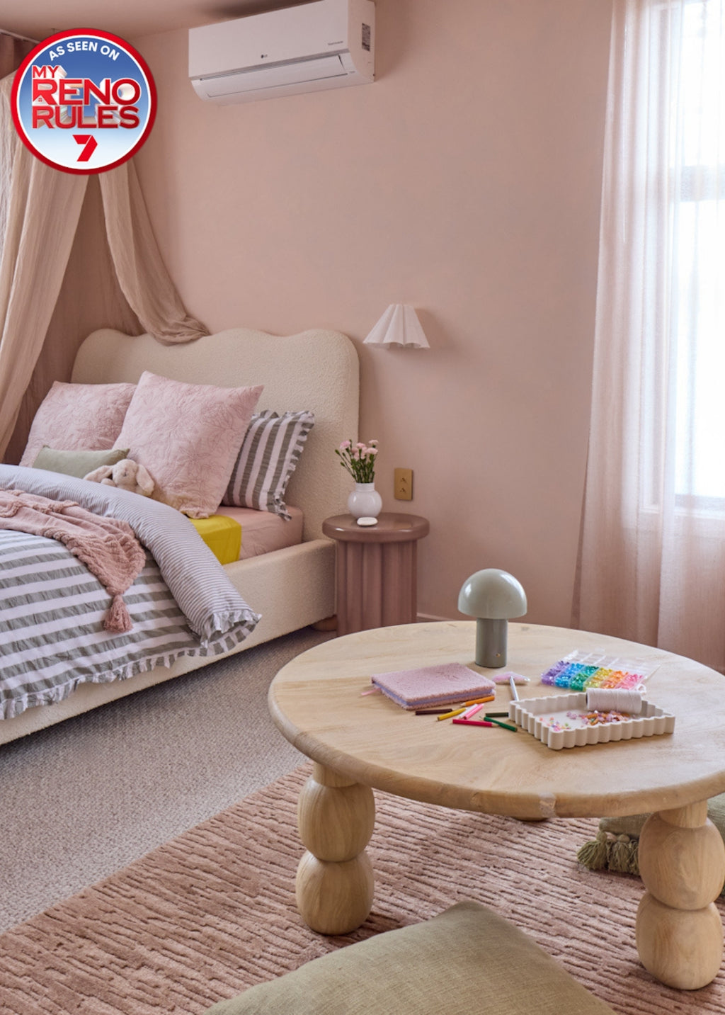 Oceana Dusty Rose by Four Corners Rugs x My Reno Rules, Shaz & Mitch kids bedroom. TV show by Adrian Portelli