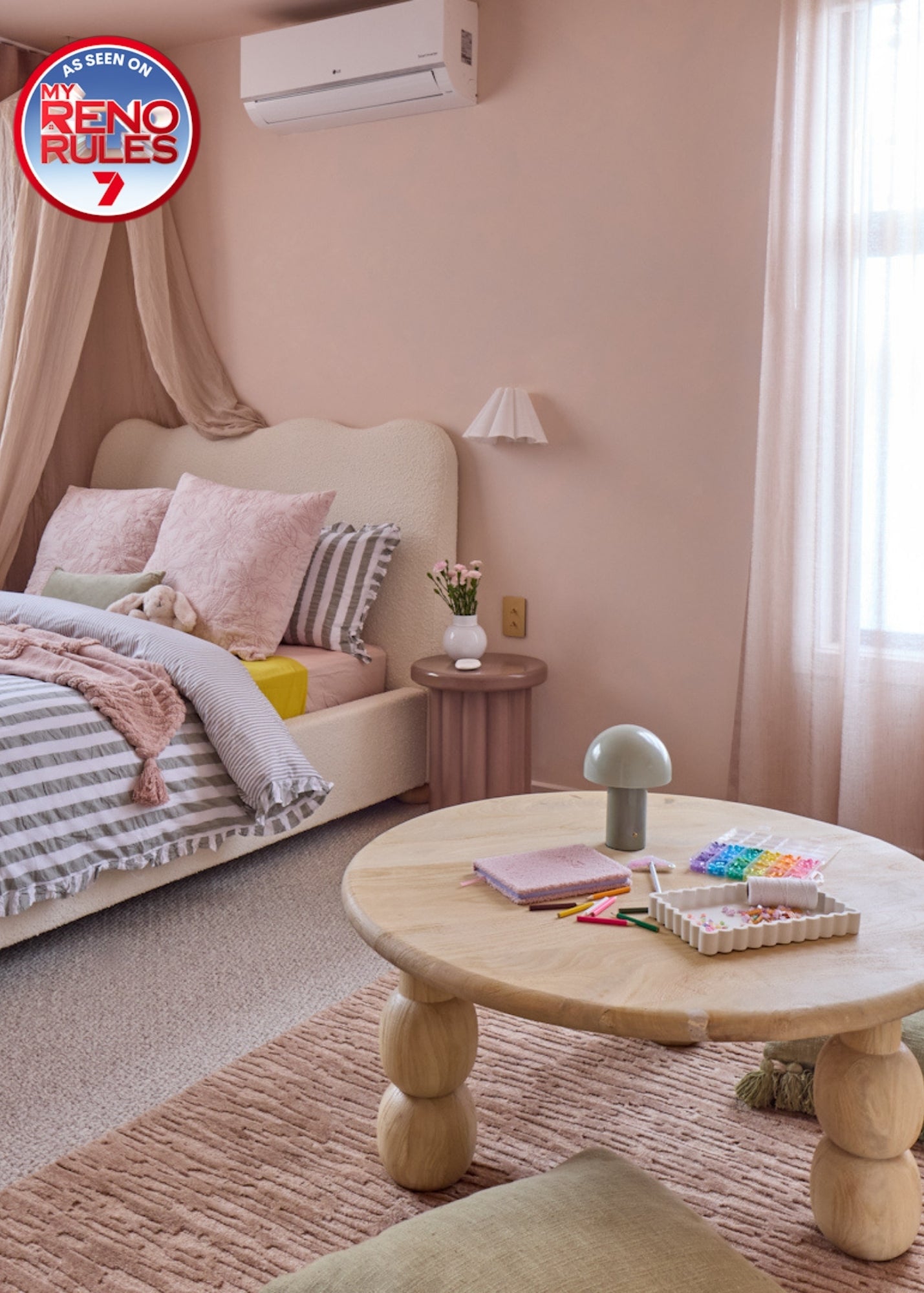Oceana Dusty Rose by Four Corners Rugs x My Reno Rules, Shaz & Mitch kids bedroom. TV show by Adrian Portelli