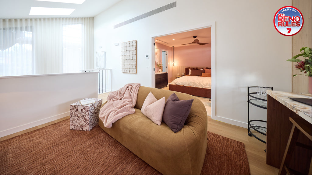 My Reno Rules (Renovation TV Show by Adrian Portelli), Living Room Featuring Oceana Rust Wool Rug by Four Corners Rugs - Emma and Michelle Rompus Room