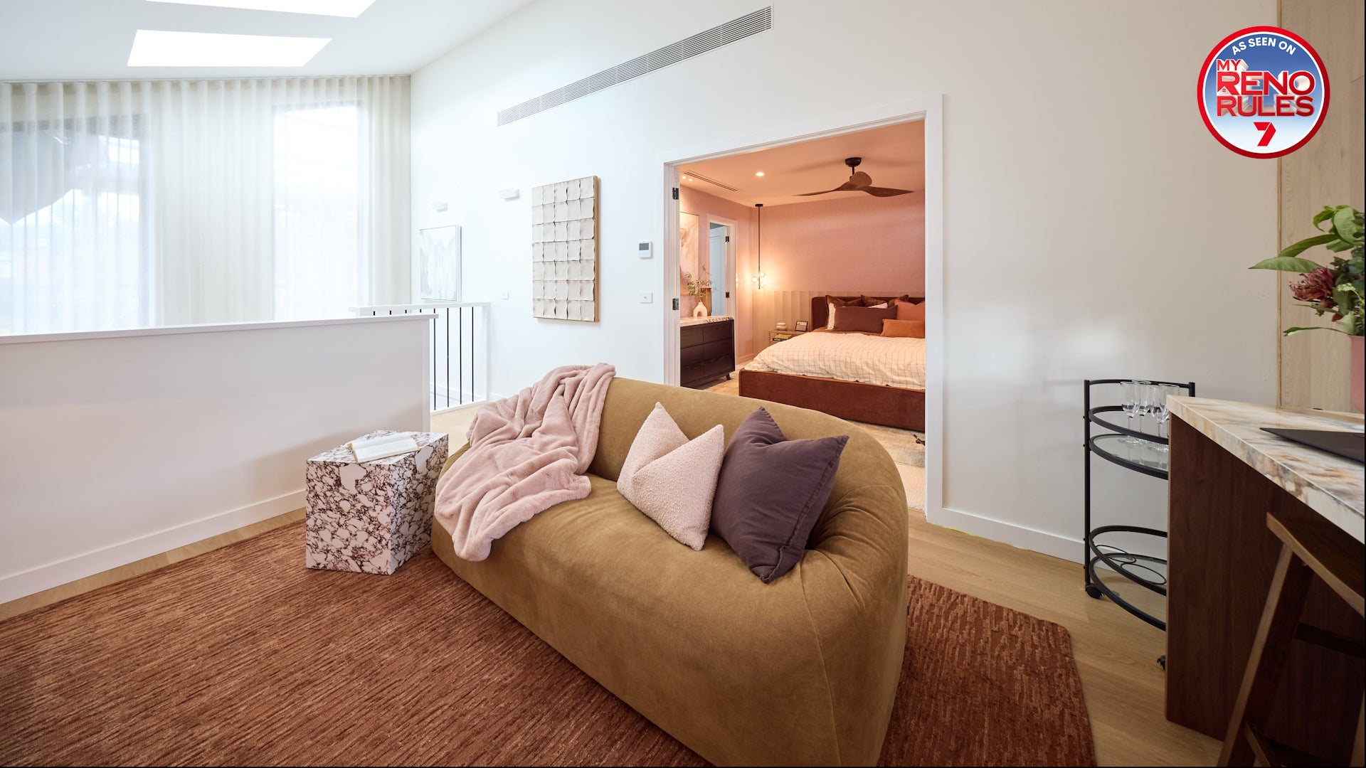 My Reno Rules (Renovation TV Show by Adrian Portelli), Living Room Featuring Oceana Rust Wool Rug by Four Corners Rugs - Emma and Michelle Rompus Room