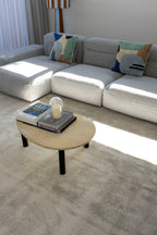 Grey sectional sofa with colorful pillows on Plush Light Grey Rug by Four Corners Rugs