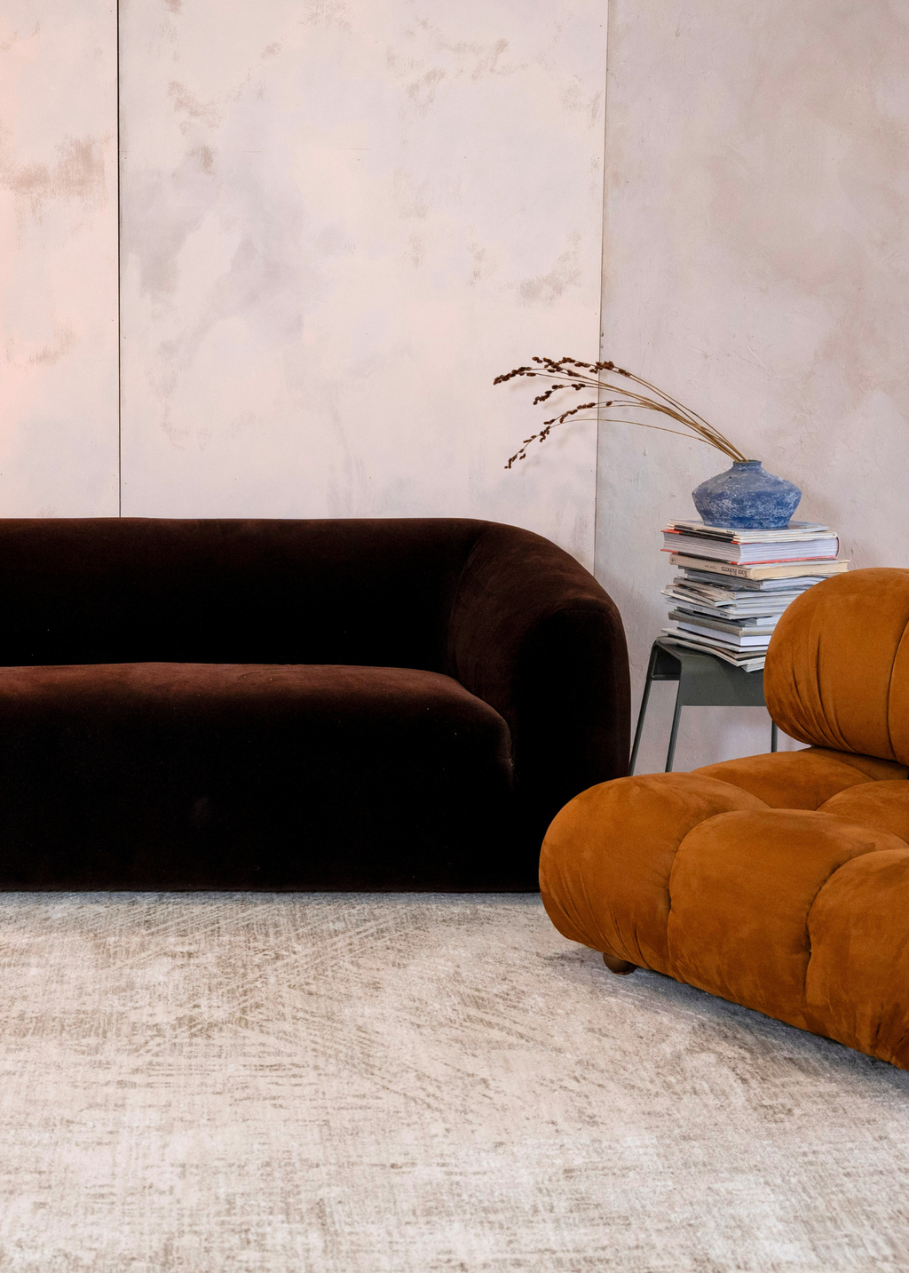 Two modern sofas in a minimalistic room with a neutral colour palette on Silver Strokes Modern Rug by Four Corners Rugs