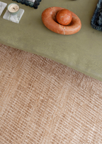 mint coffee table on Trinity Biscuit Rug by Four Corners Rugs close up