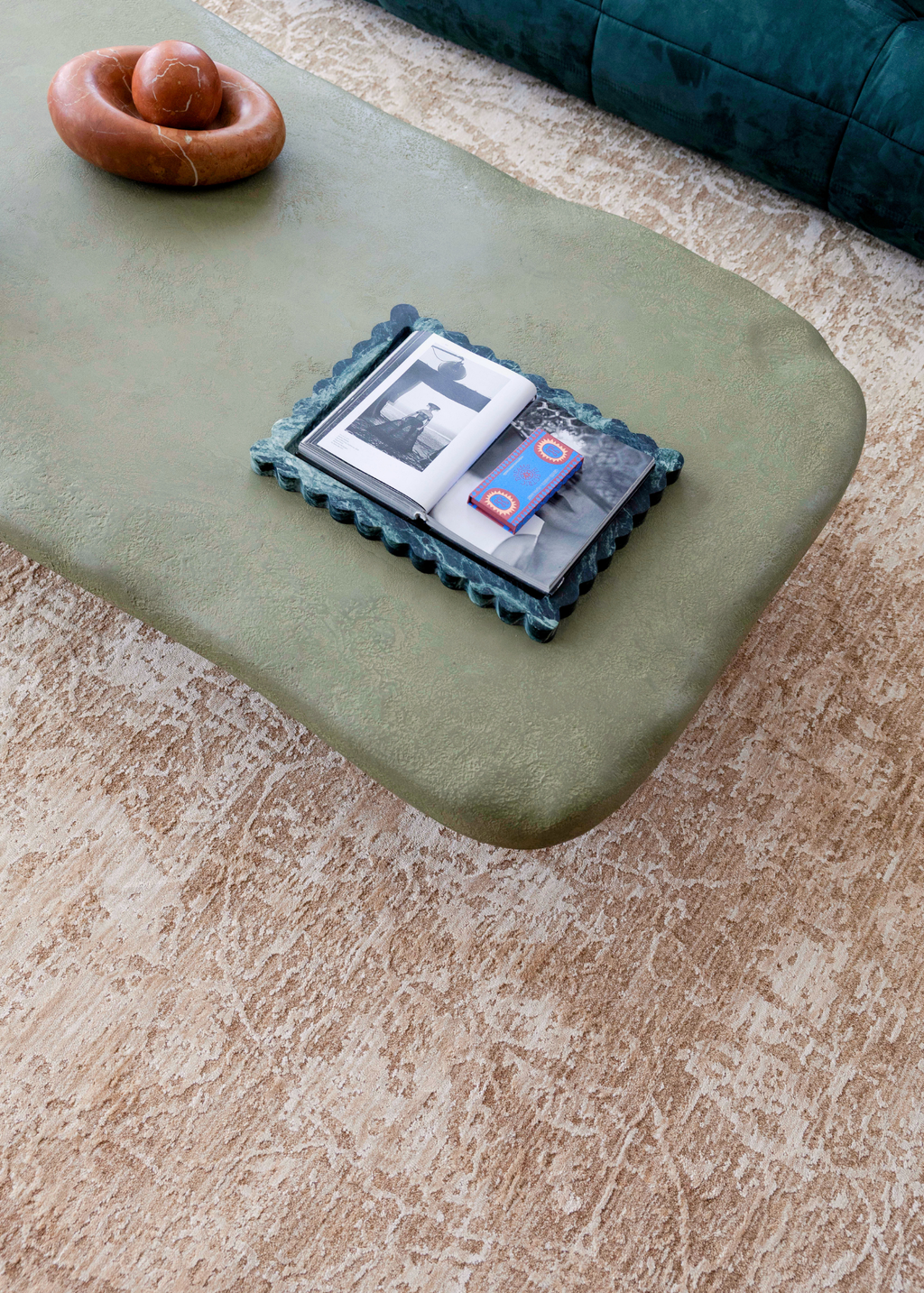 Trinity Floral Biscuit Rug by Four Corners Rugs and coffee table in mint